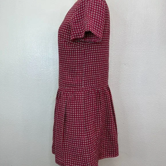 Madewell Silk Short Sleeve Lined Ascot Tile Burgundy Drop Waist Dress Size 4